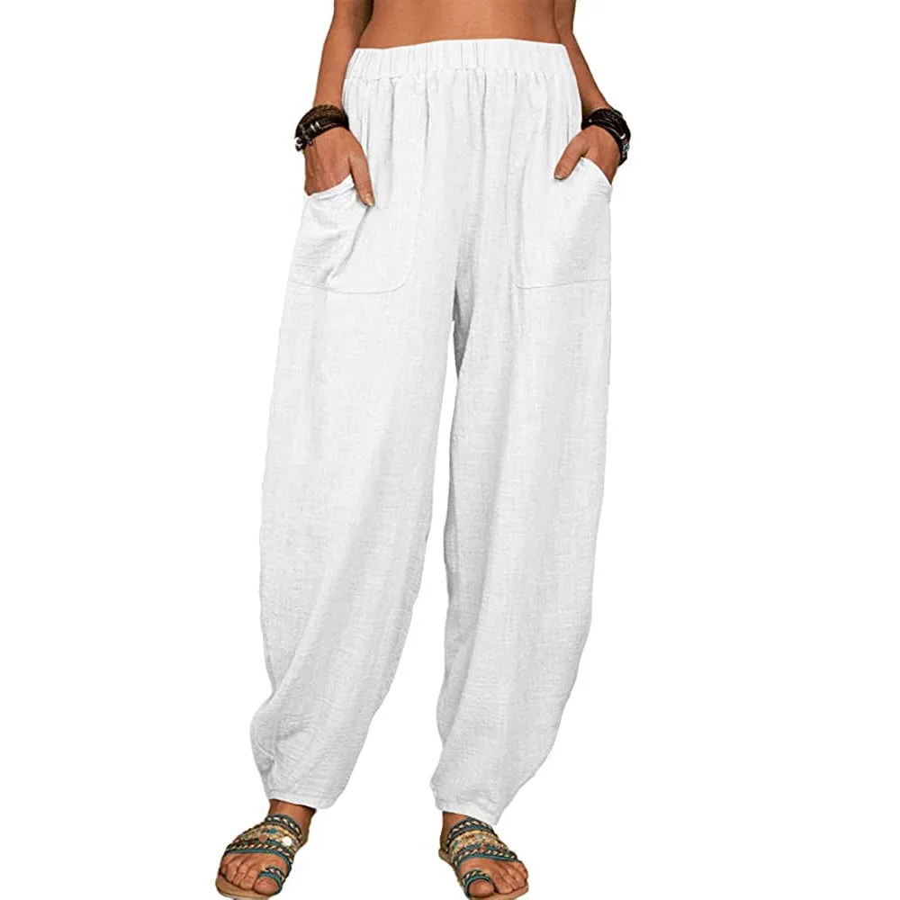 Women Cotton Pants Summer Casual Vintage Pockets Thin Beach Trousers Female Elastic Waist Wide Leg Retro Loose Harem Pants