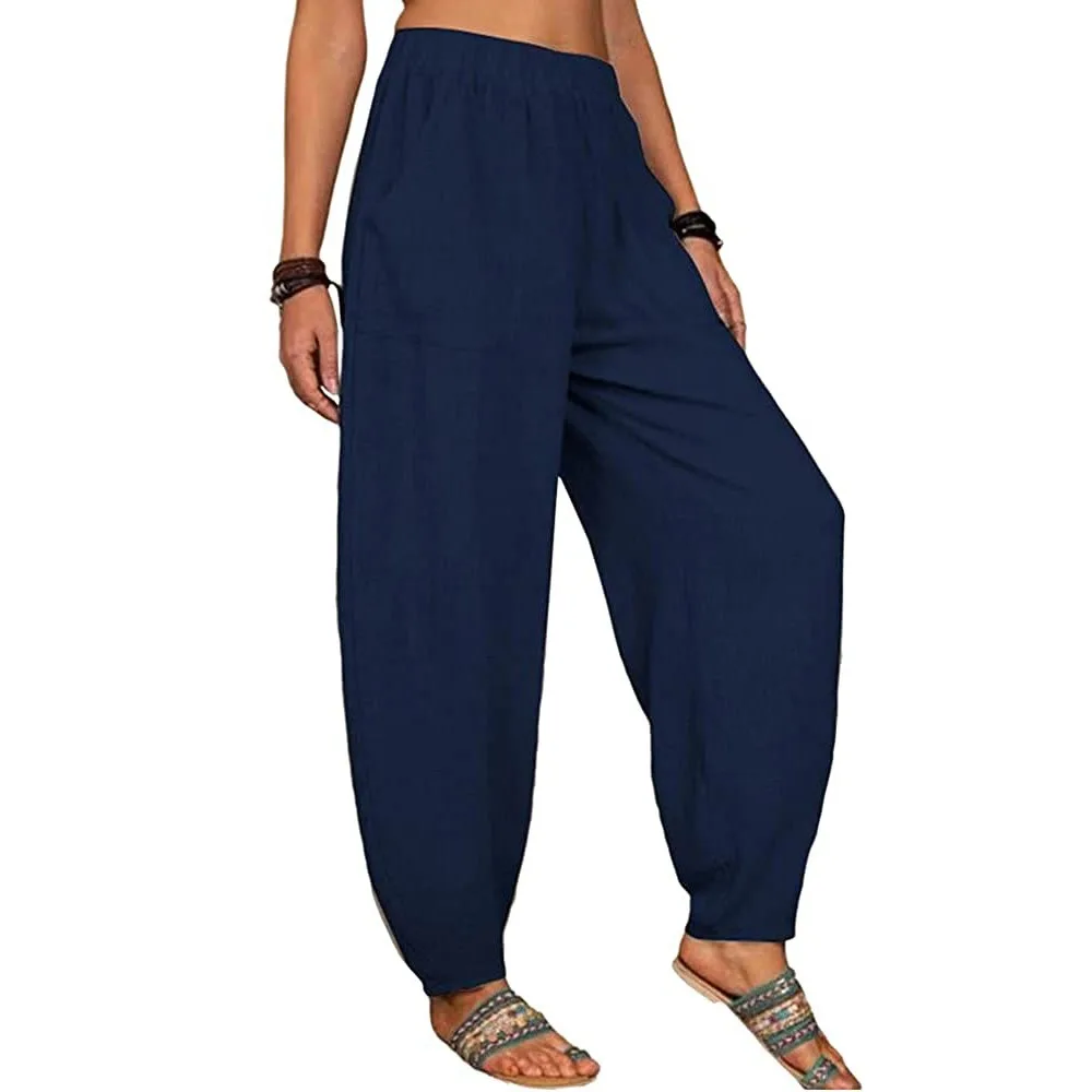 Women Cotton Pants Summer Casual Vintage Pockets Thin Beach Trousers Female Elastic Waist Wide Leg Retro Loose Harem Pants