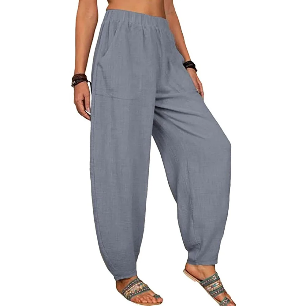 Women Cotton Pants Summer Casual Vintage Pockets Thin Beach Trousers Female Elastic Waist Wide Leg Retro Loose Harem Pants