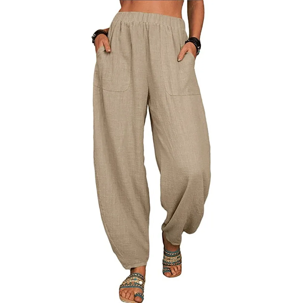 Women Cotton Pants Summer Casual Vintage Pockets Thin Beach Trousers Female Elastic Waist Wide Leg Retro Loose Harem Pants