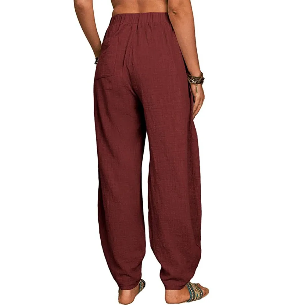 Women Cotton Pants Summer Casual Vintage Pockets Thin Beach Trousers Female Elastic Waist Wide Leg Retro Loose Harem Pants
