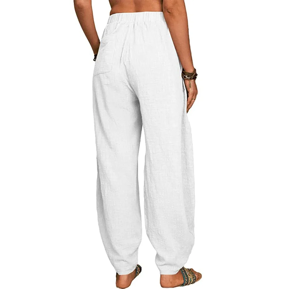 Women Cotton Pants Summer Casual Vintage Pockets Thin Beach Trousers Female Elastic Waist Wide Leg Retro Loose Harem Pants