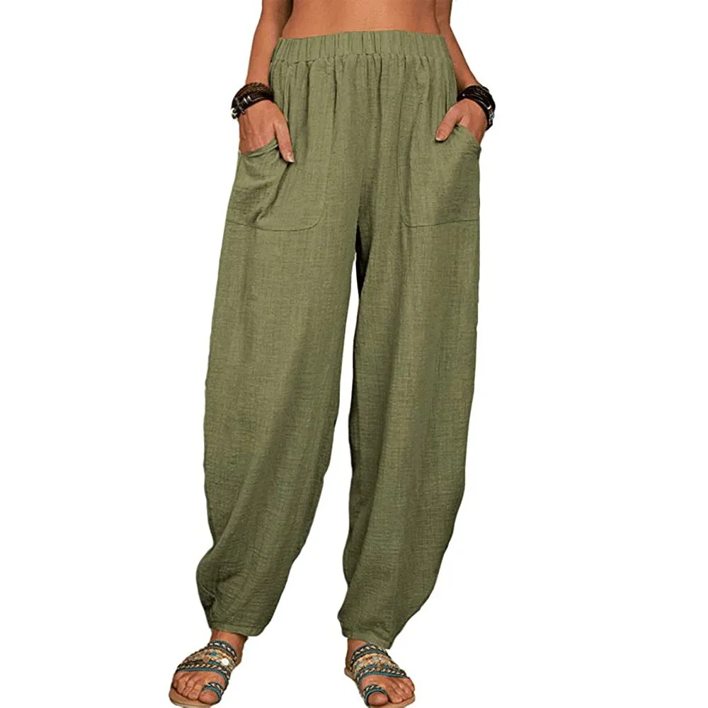 Women Cotton Pants Summer Casual Vintage Pockets Thin Beach Trousers Female Elastic Waist Wide Leg Retro Loose Harem Pants