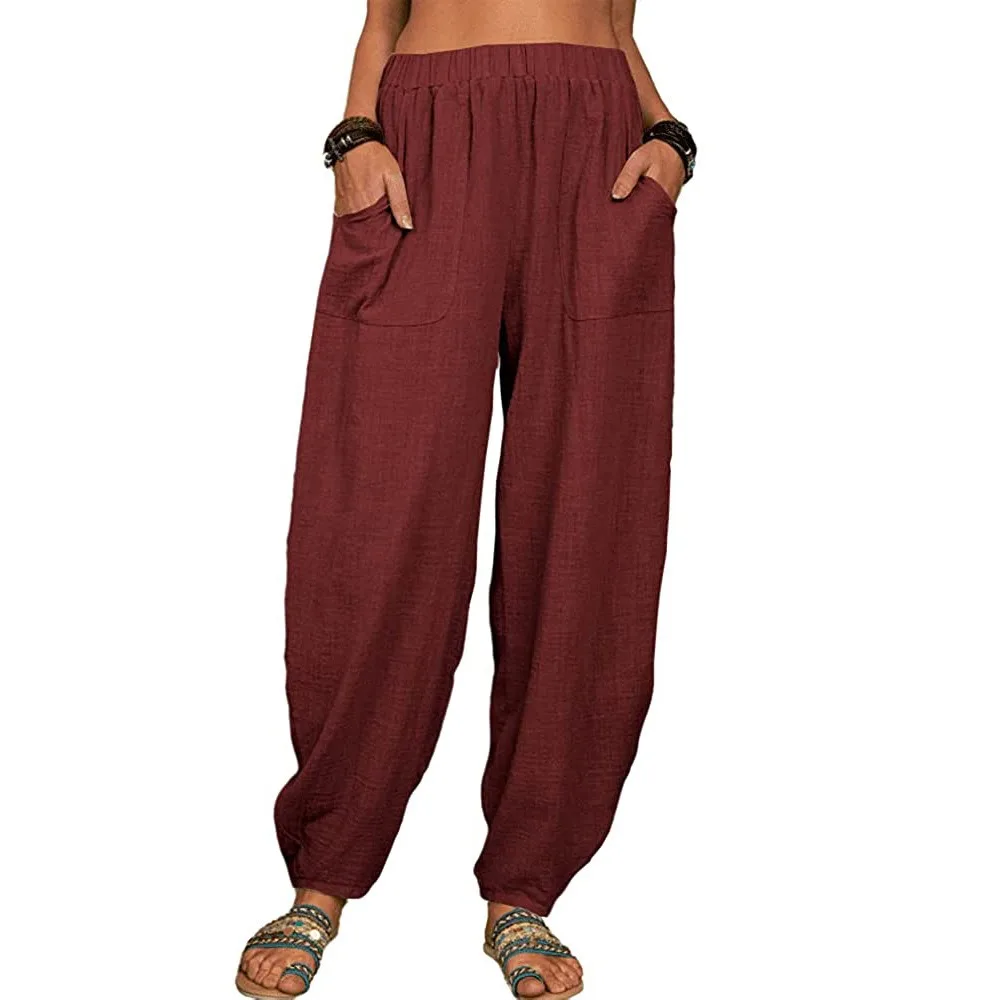 Women Cotton Pants Summer Casual Vintage Pockets Thin Beach Trousers Female Elastic Waist Wide Leg Retro Loose Harem Pants