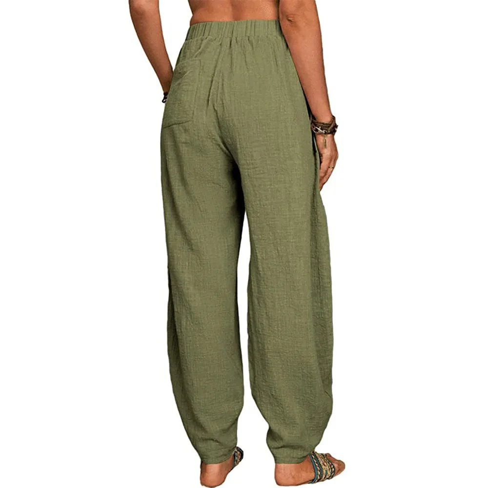 Women Cotton Pants Summer Casual Vintage Pockets Thin Beach Trousers Female Elastic Waist Wide Leg Retro Loose Harem Pants