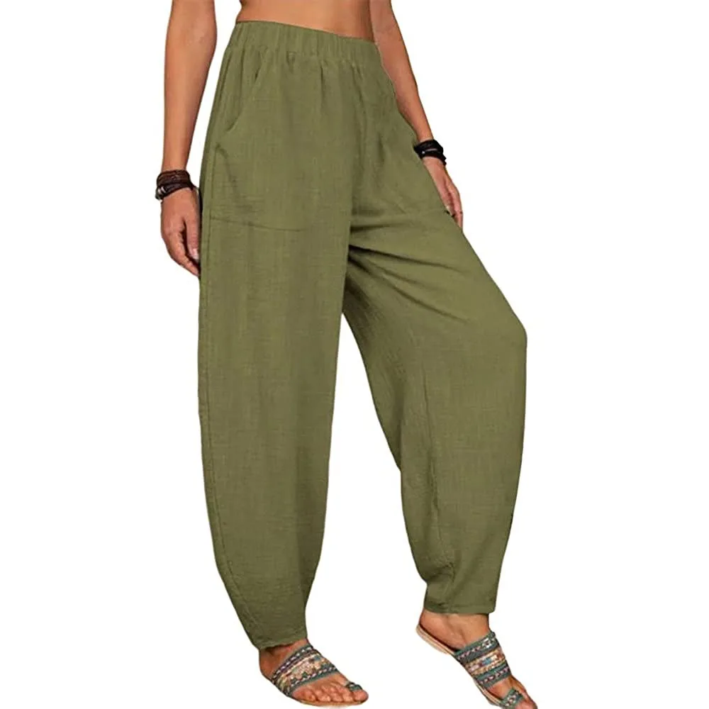 Women Cotton Pants Summer Casual Vintage Pockets Thin Beach Trousers Female Elastic Waist Wide Leg Retro Loose Harem Pants