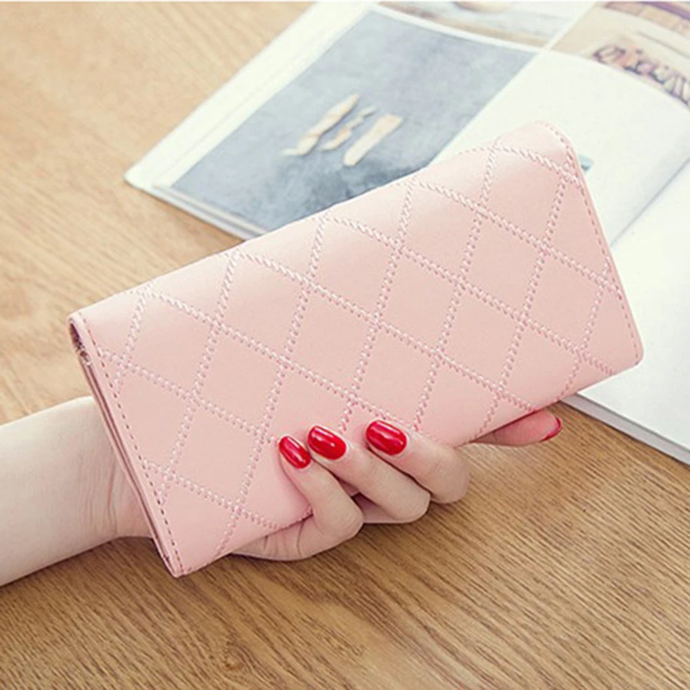 Wallets For Women Cute Pink Pocket Womens Wallets Purses Plaid Pu Leather Long Wallet Hasp Phone Bag Money Coin Pocket Bag
