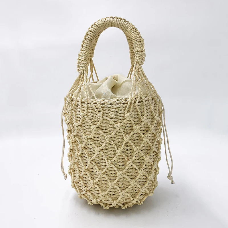 2 Pcs Woven Women Handbag Female Straw Mesh Bag Bohemian Summer Beach Bags Handmade Bucket Net Bag Rattan Knitte Top-handle Tote