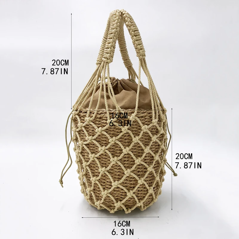 2 Pcs Woven Women Handbag Female Straw Mesh Bag Bohemian Summer Beach Bags Handmade Bucket Net Bag Rattan Knitte Top-handle Tote