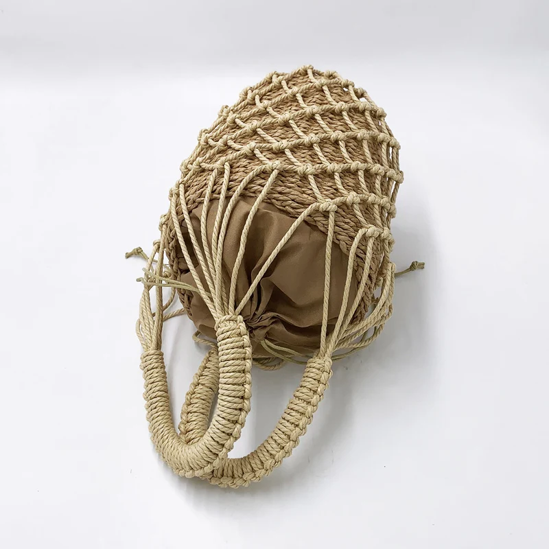 2 Pcs Woven Women Handbag Female Straw Mesh Bag Bohemian Summer Beach Bags Handmade Bucket Net Bag Rattan Knitte Top-handle Tote