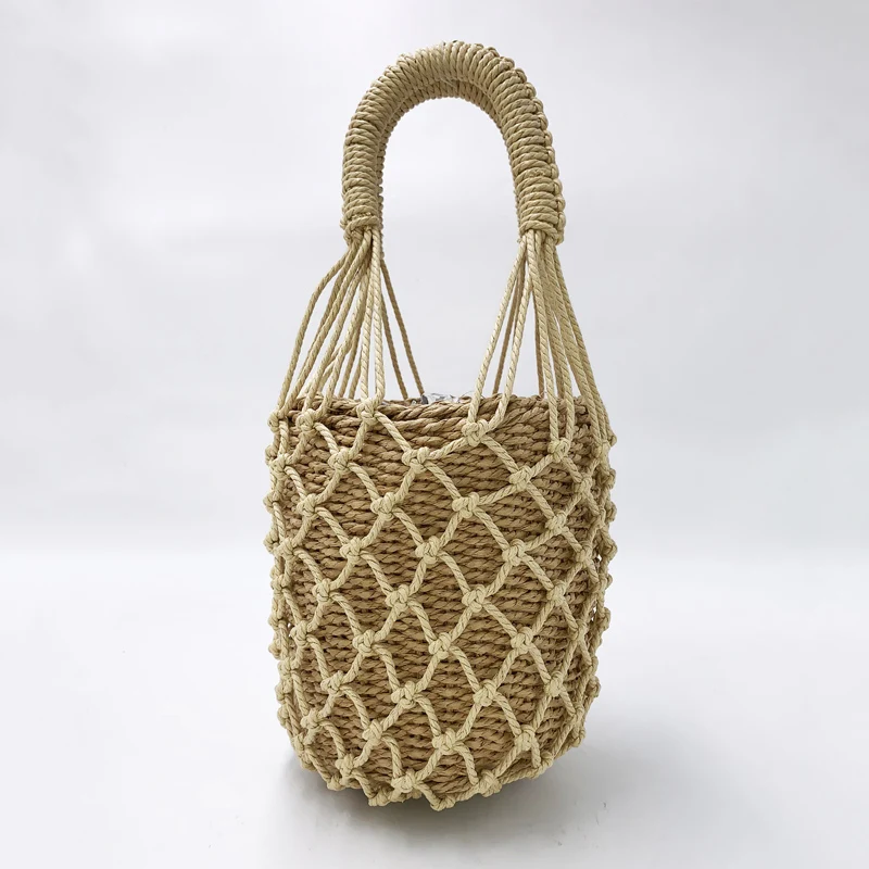2 Pcs Woven Women Handbag Female Straw Mesh Bag Bohemian Summer Beach Bags Handmade Bucket Net Bag Rattan Knitte Top-handle Tote