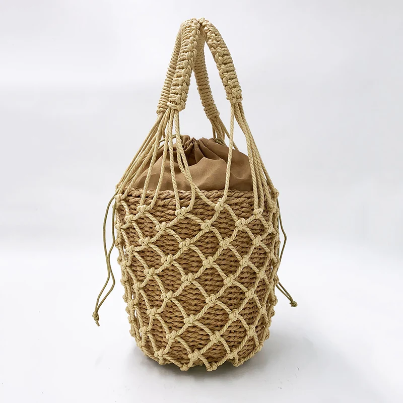 2 Pcs Woven Women Handbag Female Straw Mesh Bag Bohemian Summer Beach Bags Handmade Bucket Net Bag Rattan Knitte Top-handle Tote