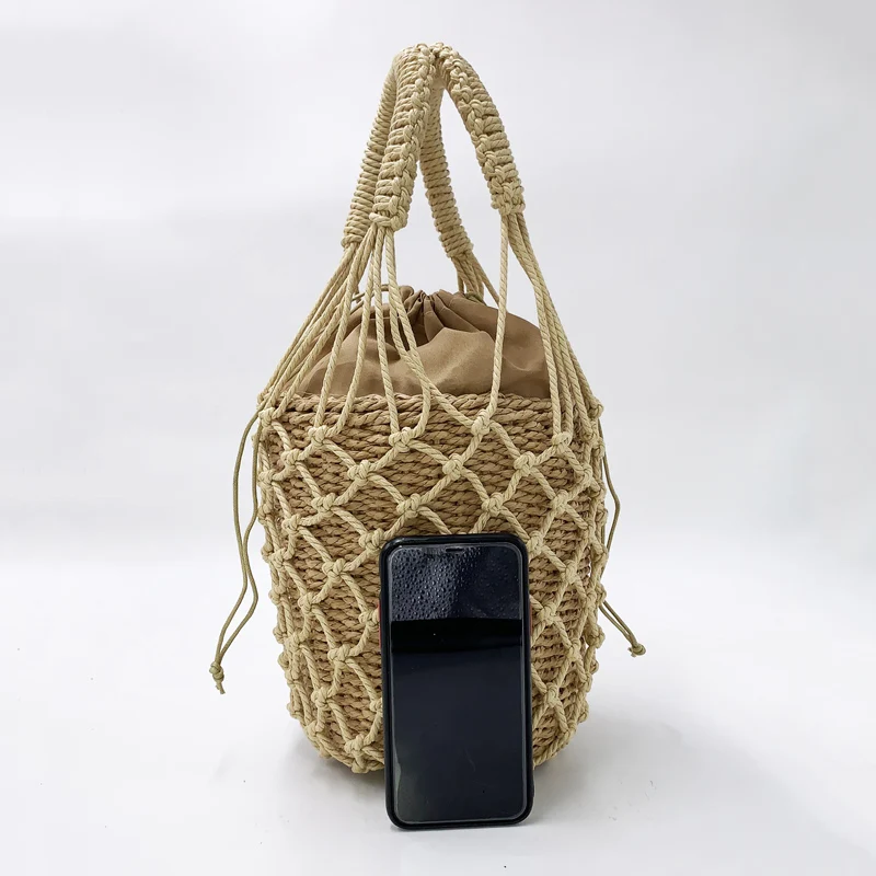 2 Pcs Woven Women Handbag Female Straw Mesh Bag Bohemian Summer Beach Bags Handmade Bucket Net Bag Rattan Knitte Top-handle Tote