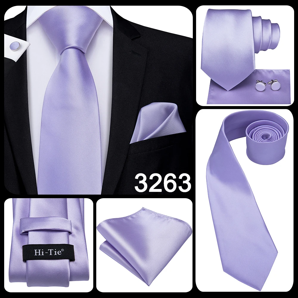 Hi-Tie Gifts For Men Purple Lavender Solid Men's Tie Luxury NeckTie Hanky Cufflinks Set Formal Dress Ties For Men Wedding