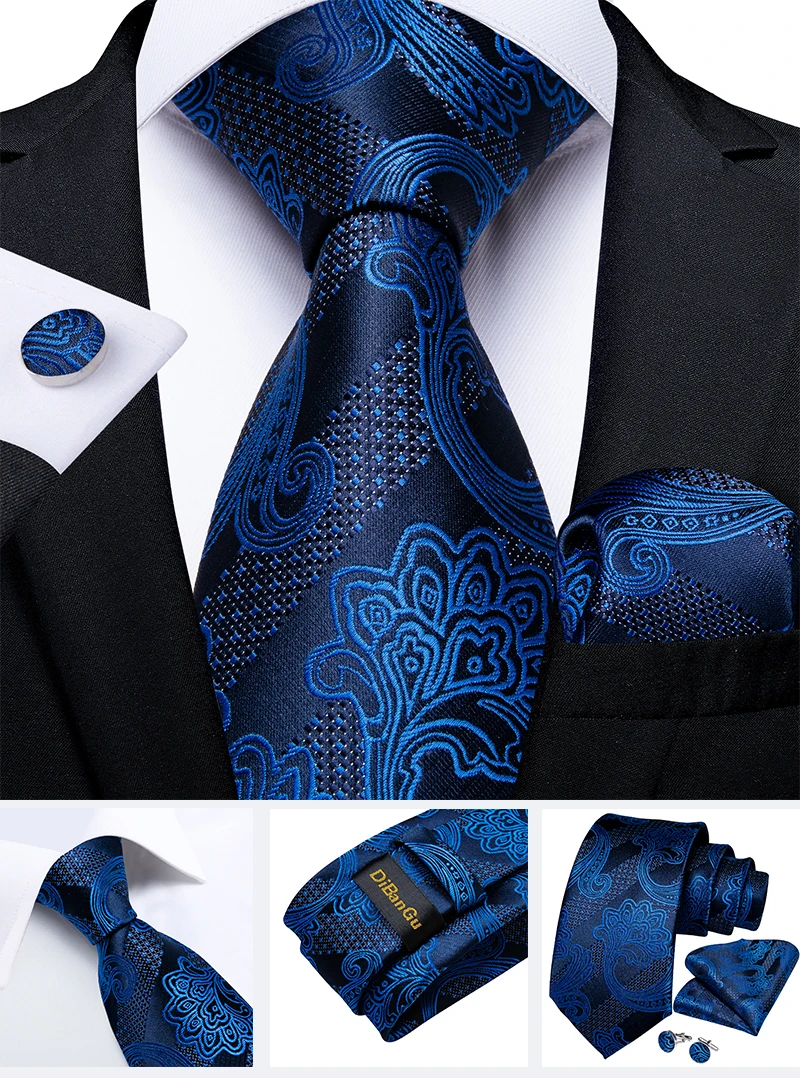 New Classic Men's Ties 8cm Blue Plaid Dot Striped Business Necktie Handkerchief Wedding Party Tie Set Gravatas DiBanGu