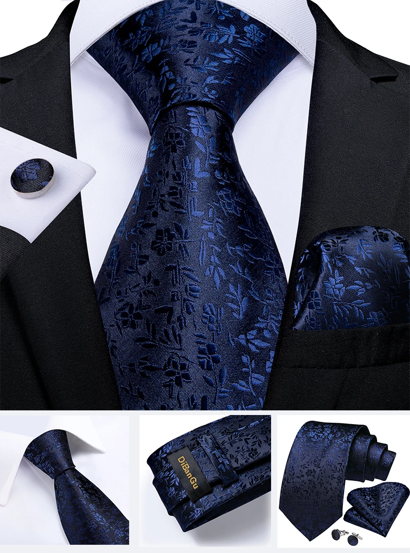 New Classic Men's Ties 8cm Blue Plaid Dot Striped Business Necktie Handkerchief Wedding Party Tie Set Gravatas DiBanGu