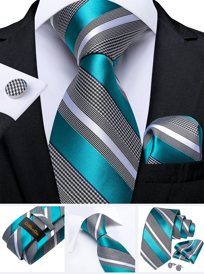 New Classic Men's Ties 8cm Blue Plaid Dot Striped Business Necktie Handkerchief Wedding Party Tie Set Gravatas DiBanGu