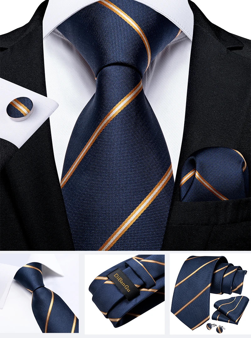 New Classic Men's Ties 8cm Blue Plaid Dot Striped Business Necktie Handkerchief Wedding Party Tie Set Gravatas DiBanGu