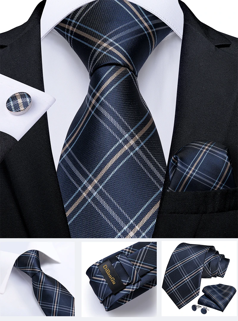 New Classic Men's Ties 8cm Blue Plaid Dot Striped Business Necktie Handkerchief Wedding Party Tie Set Gravatas DiBanGu