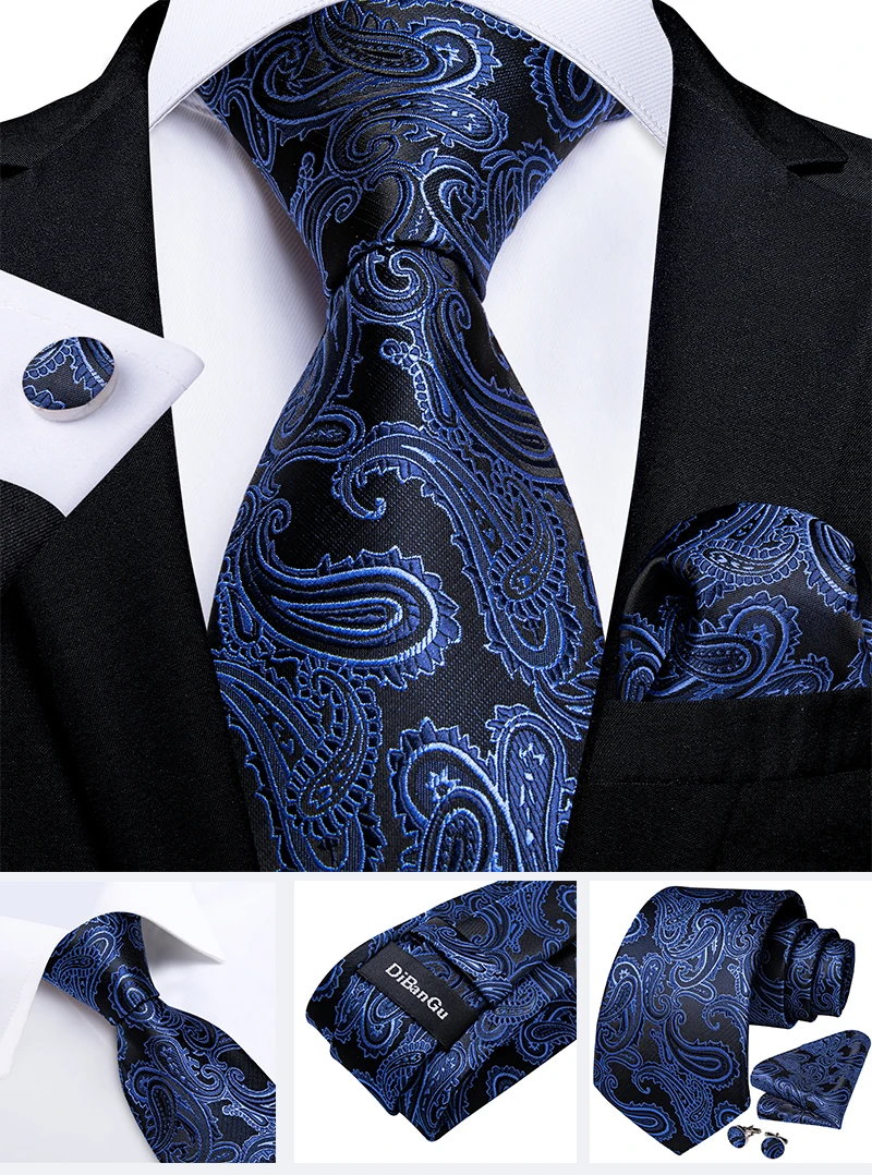 New Classic Men's Ties 8cm Blue Plaid Dot Striped Business Necktie Handkerchief Wedding Party Tie Set Gravatas DiBanGu