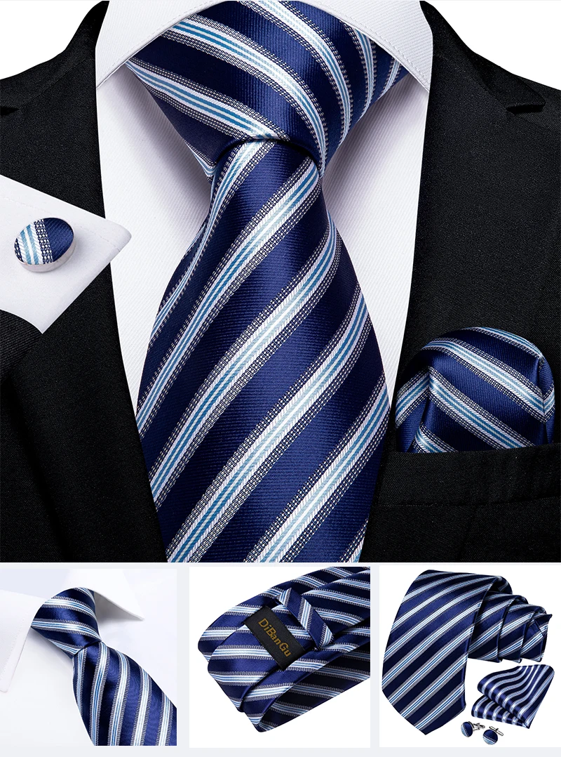 New Classic Men's Ties 8cm Blue Plaid Dot Striped Business Necktie Handkerchief Wedding Party Tie Set Gravatas DiBanGu