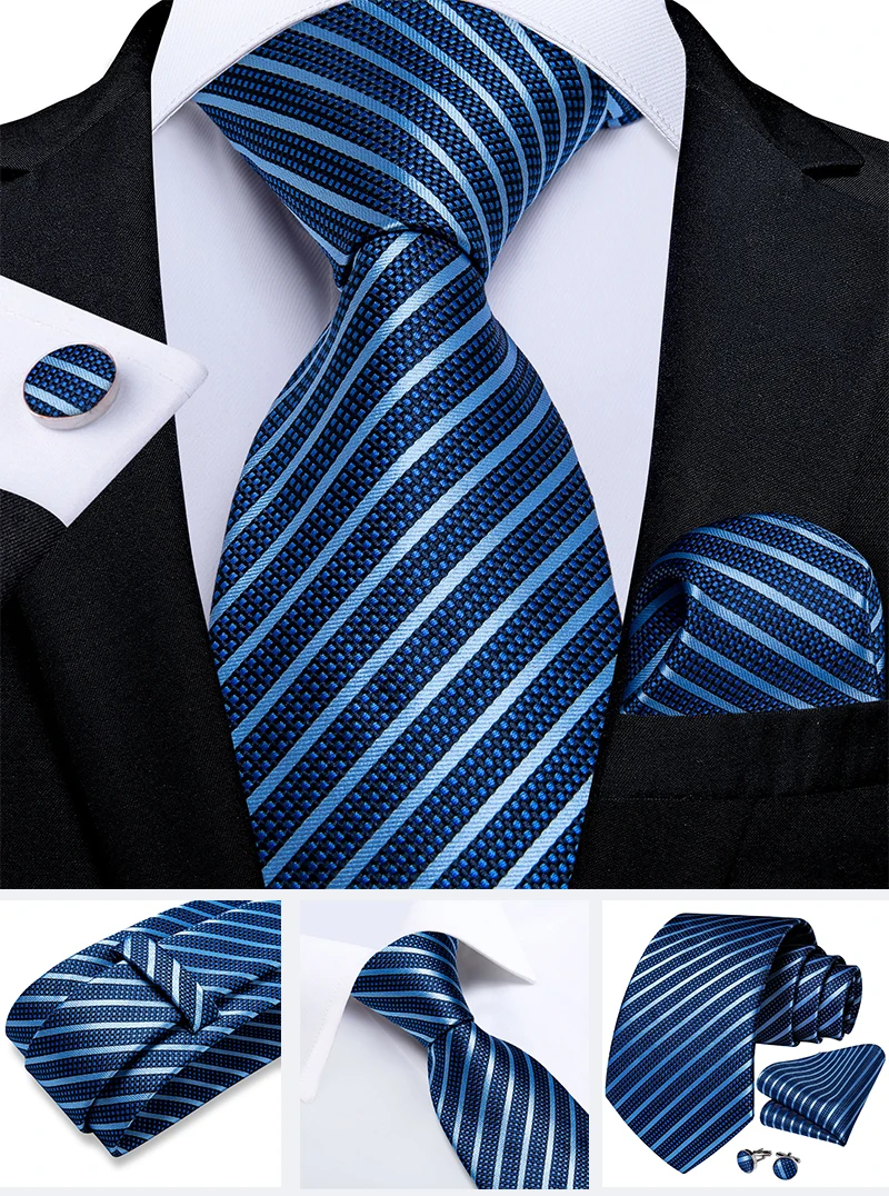New Classic Men's Ties 8cm Blue Plaid Dot Striped Business Necktie Handkerchief Wedding Party Tie Set Gravatas DiBanGu