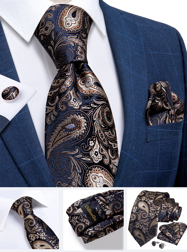 New Classic Men's Ties 8cm Blue Plaid Dot Striped Business Necktie Handkerchief Wedding Party Tie Set Gravatas DiBanGu