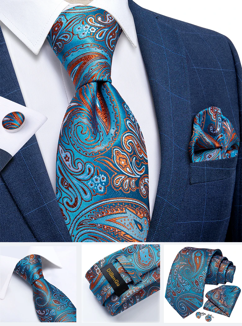 New Classic Men's Ties 8cm Blue Plaid Dot Striped Business Necktie Handkerchief Wedding Party Tie Set Gravatas DiBanGu