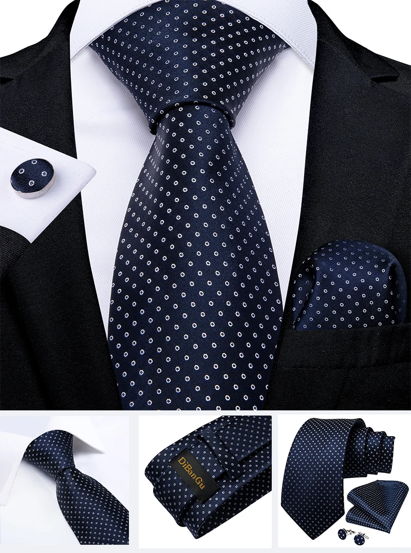 New Classic Men's Ties 8cm Blue Plaid Dot Striped Business Necktie Handkerchief Wedding Party Tie Set Gravatas DiBanGu