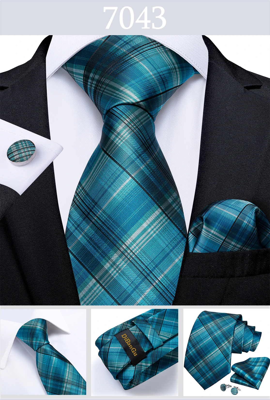 New Classic Men's Ties 8cm Blue Plaid Dot Striped Business Necktie Handkerchief Wedding Party Tie Set Gravatas DiBanGu