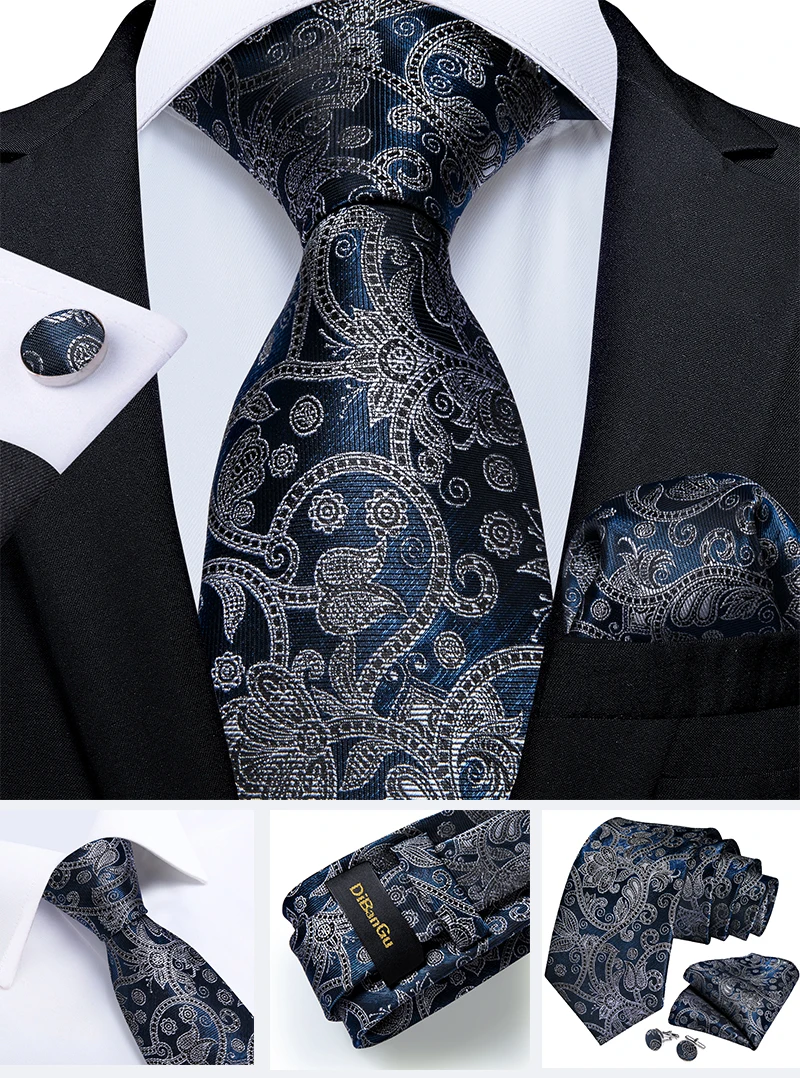 New Classic Men's Ties 8cm Blue Plaid Dot Striped Business Necktie Handkerchief Wedding Party Tie Set Gravatas DiBanGu