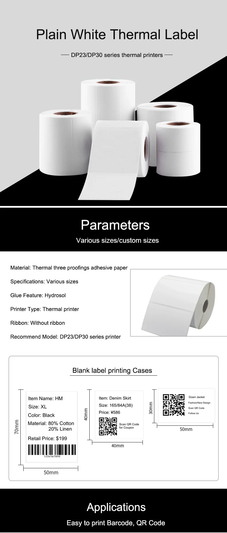 DEONTGER Thermal White Synthetic Labels Paper 10 Rolls for P1/DP23/DP30 Adhensive Scratchproof Waterproof Tear Resistant Sticker
