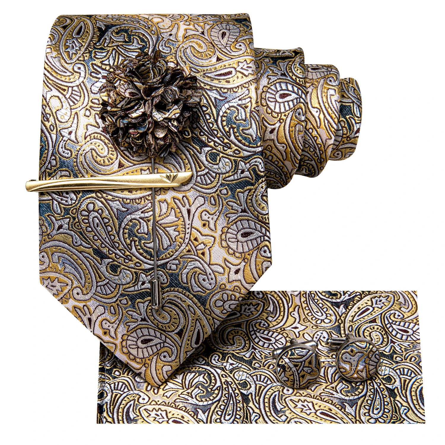 Hi-Tie Yellow Brown Paisley Tie For Men Men's Tie Clip Gift For Men Luxury Necktie Hanky Cufflinks Set Formal Wedding