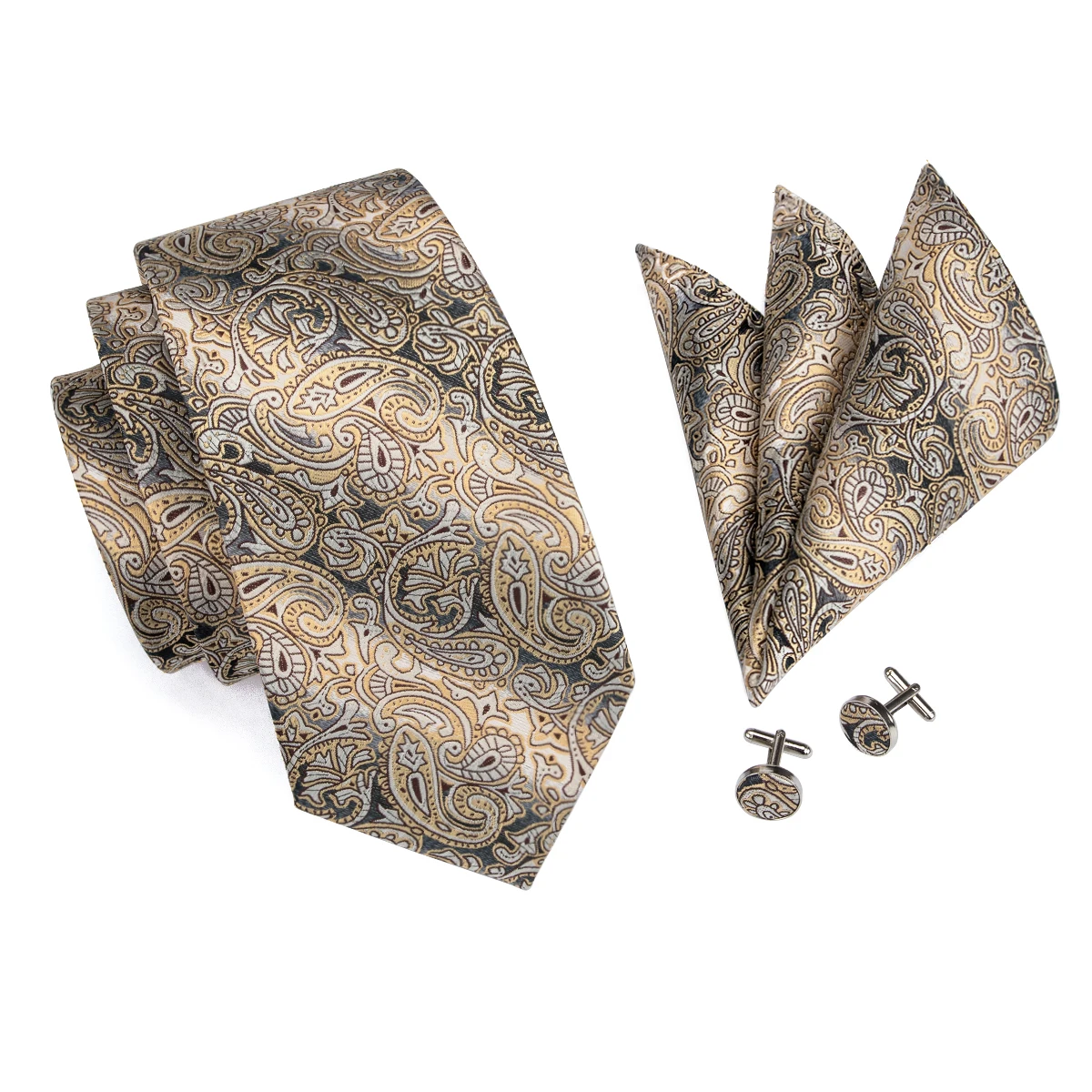 Hi-Tie Yellow Brown Paisley Tie For Men Men's Tie Clip Gift For Men Luxury Necktie Hanky Cufflinks Set Formal Wedding