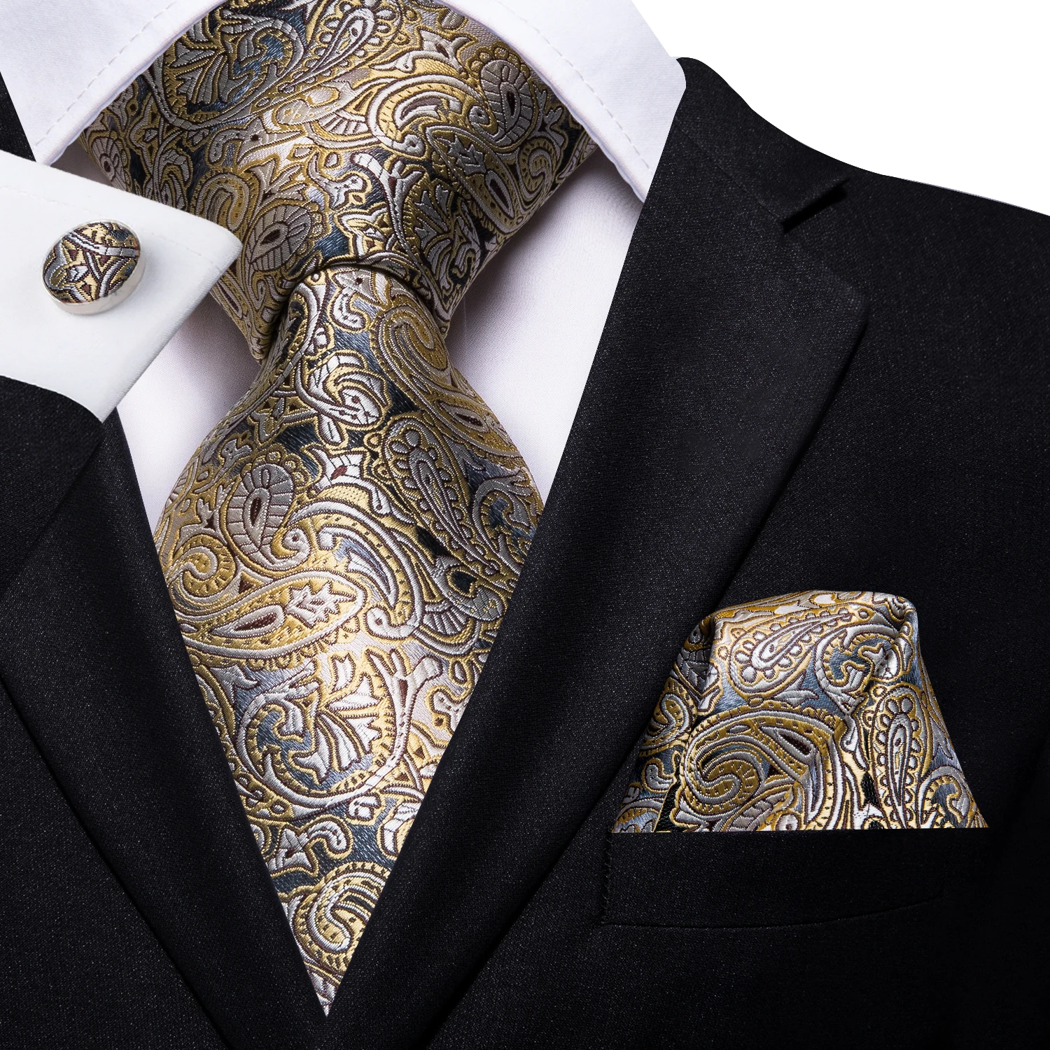 Hi-Tie Yellow Brown Paisley Tie For Men Men's Tie Clip Gift For Men Luxury Necktie Hanky Cufflinks Set Formal Wedding