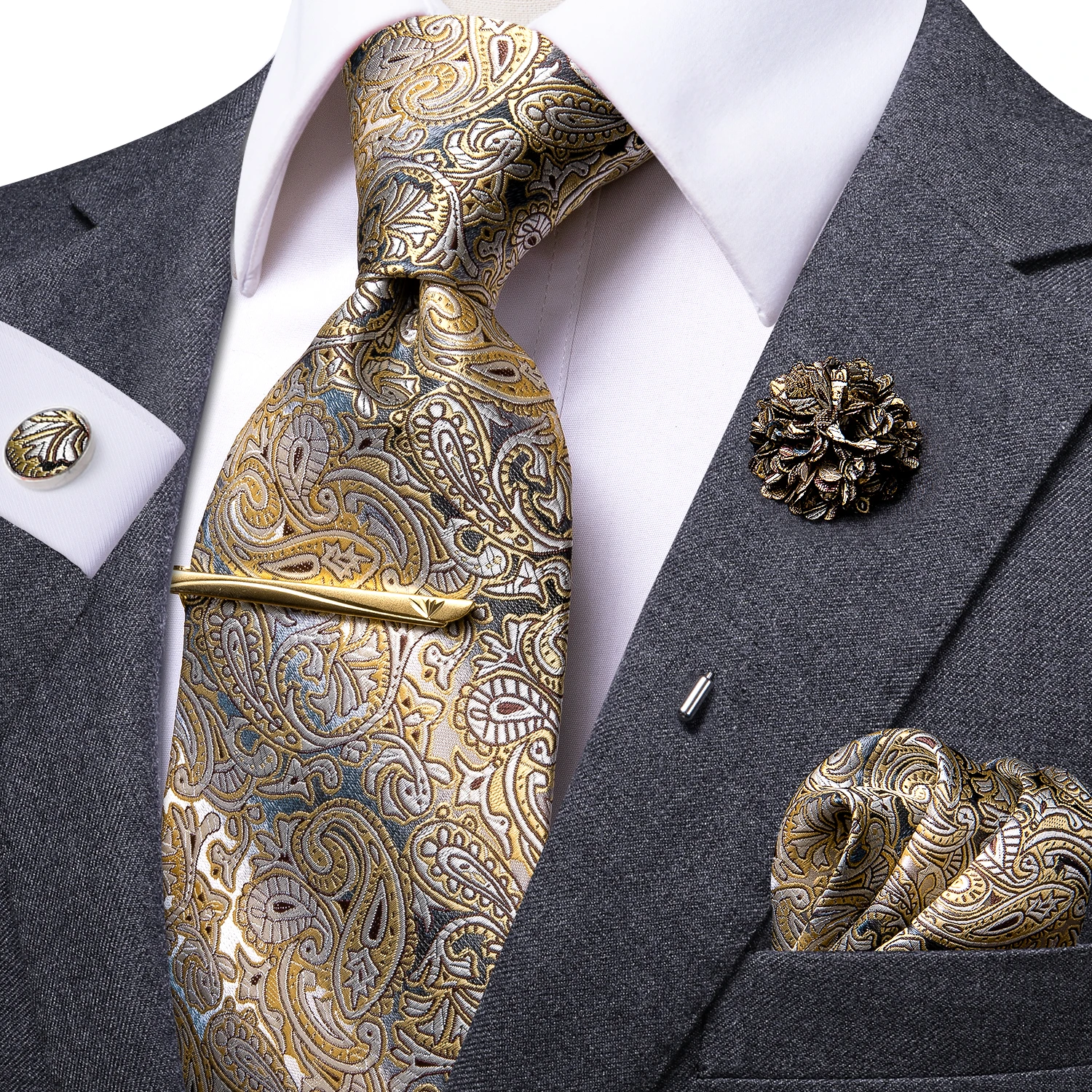 Hi-Tie Yellow Brown Paisley Tie For Men Men's Tie Clip Gift For Men Luxury Necktie Hanky Cufflinks Set Formal Wedding