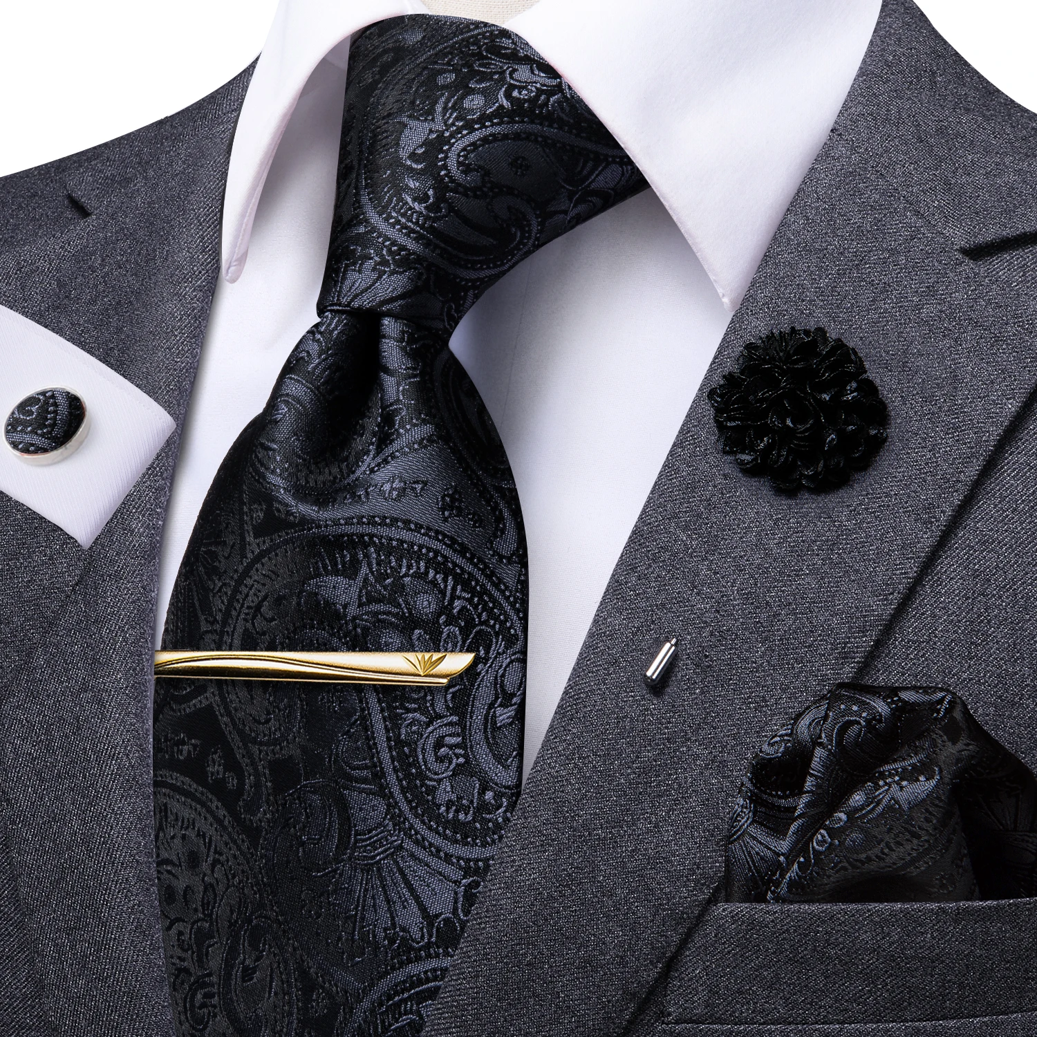 Hi-Tie Yellow Brown Paisley Tie For Men Men's Tie Clip Gift For Men Luxury Necktie Hanky Cufflinks Set Formal Wedding