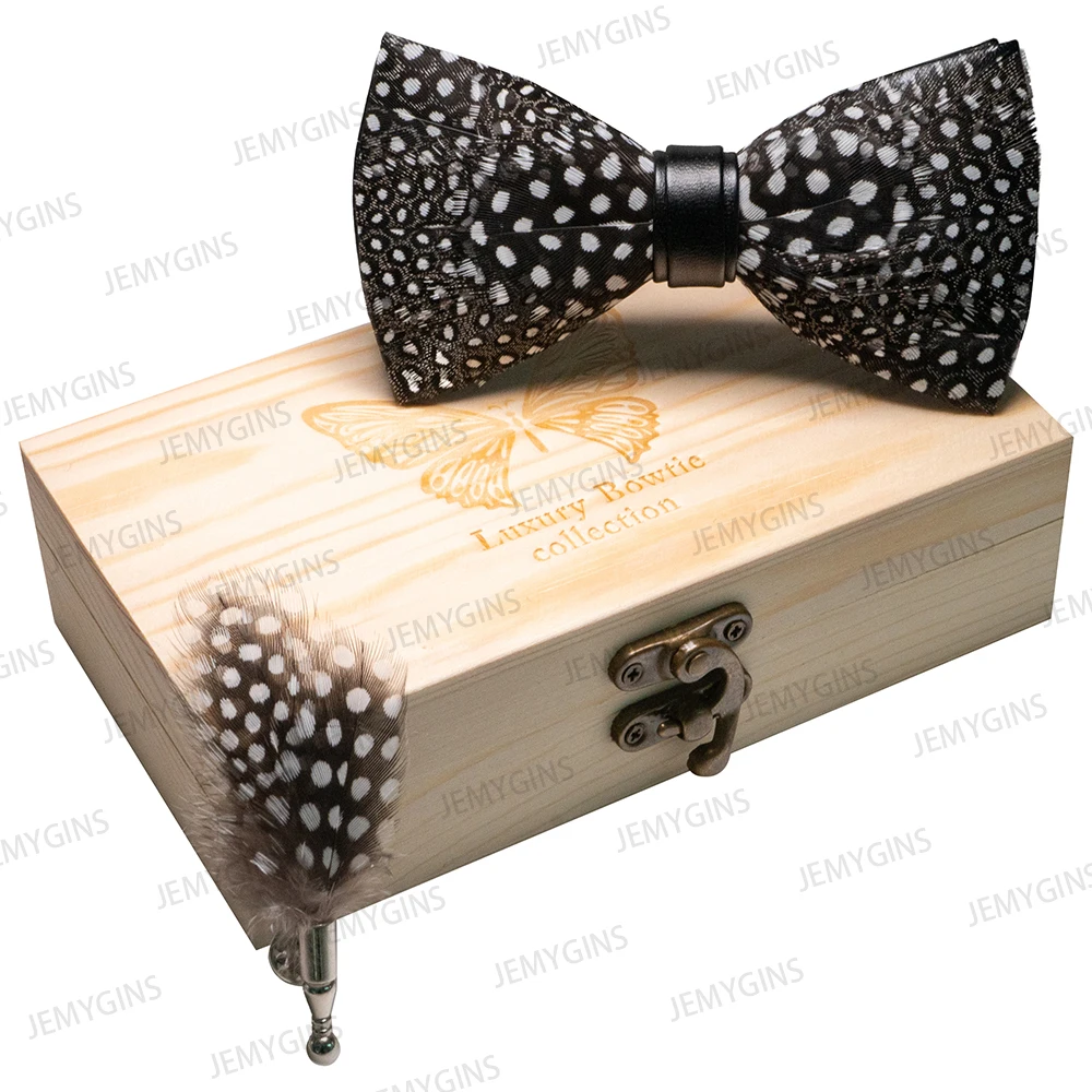 JEMYGINS Original New Design Bow Tie Natural Feather Exquisite Hand Made Men Luxury Bow Tie Wooden Gift Box Set Wedding Party