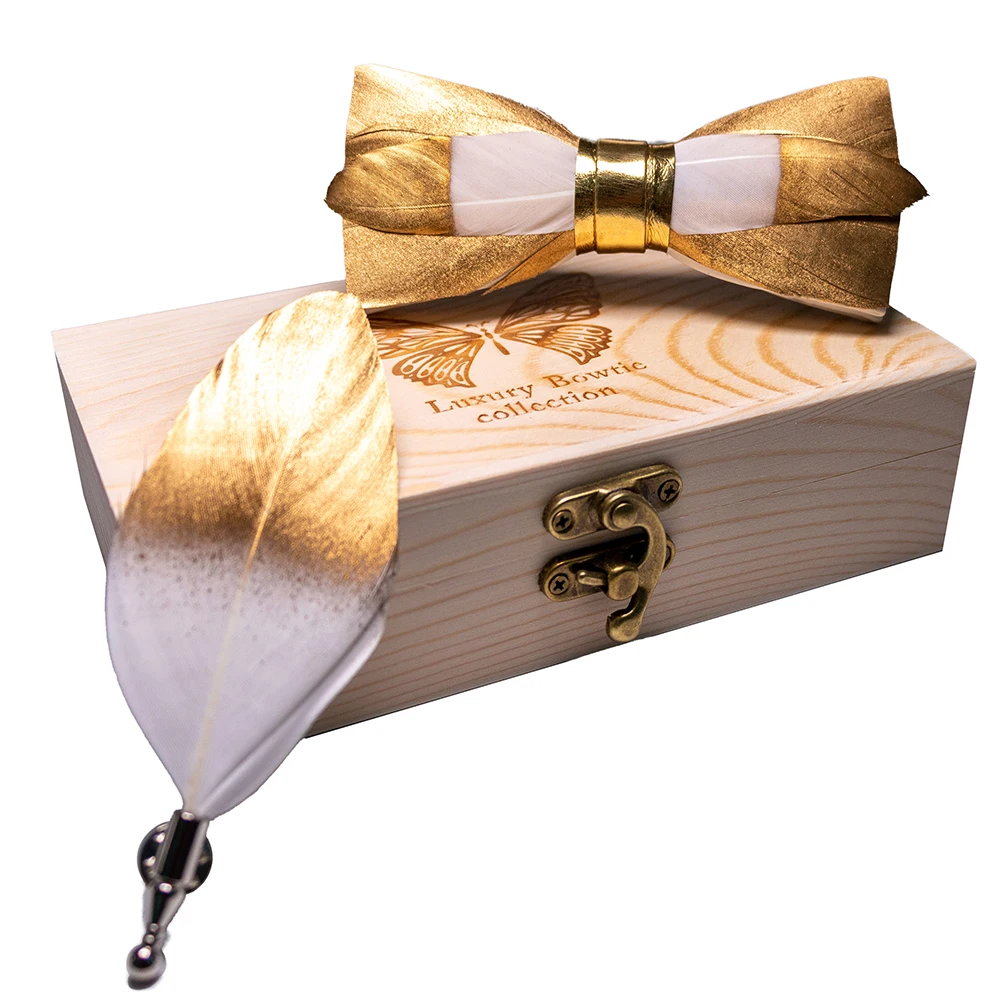 JEMYGINS Original New Design Bow Tie Natural Feather Exquisite Hand Made Men Luxury Bow Tie Wooden Gift Box Set Wedding Party