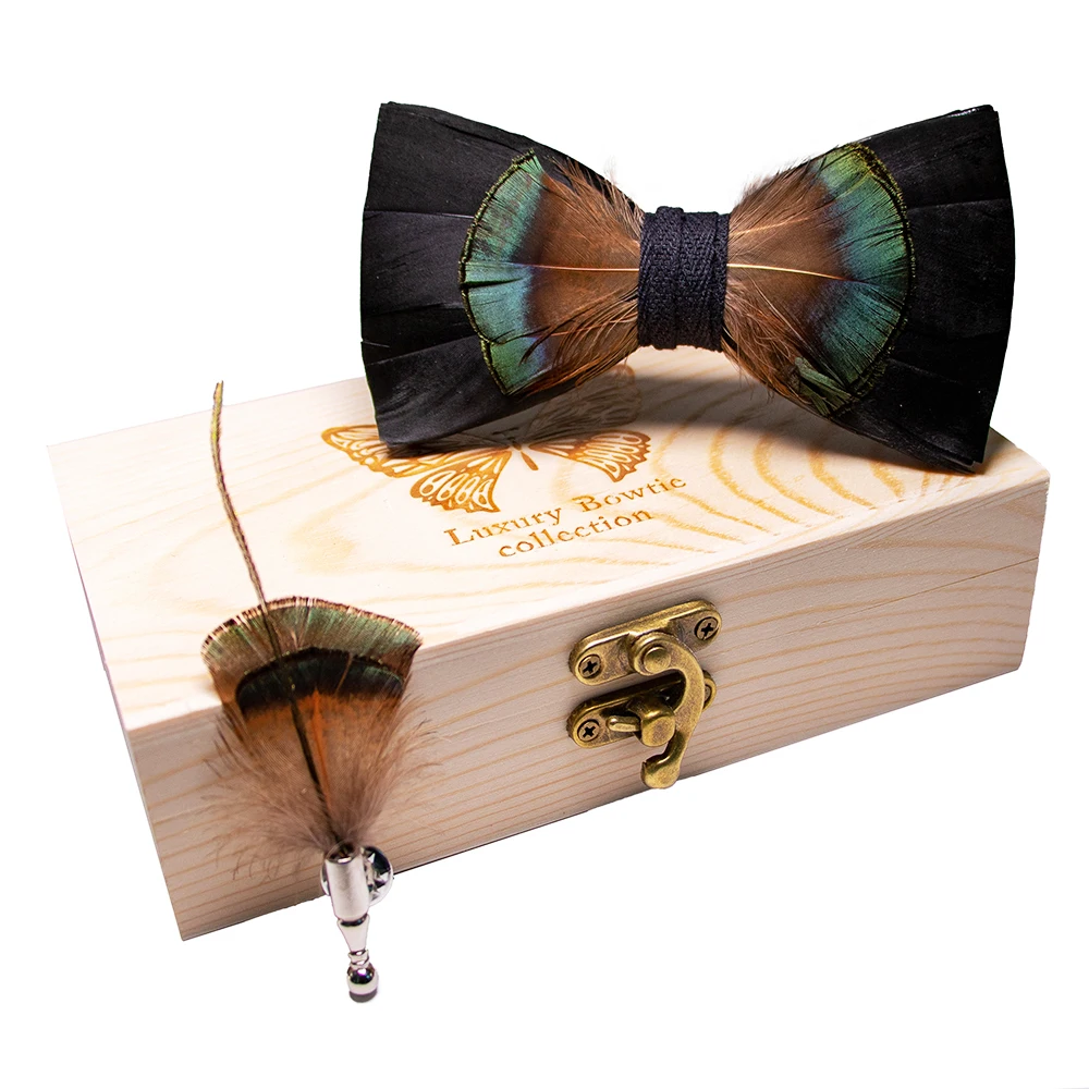 JEMYGINS Original New Design Bow Tie Natural Feather Exquisite Hand Made Men Luxury Bow Tie Wooden Gift Box Set Wedding Party