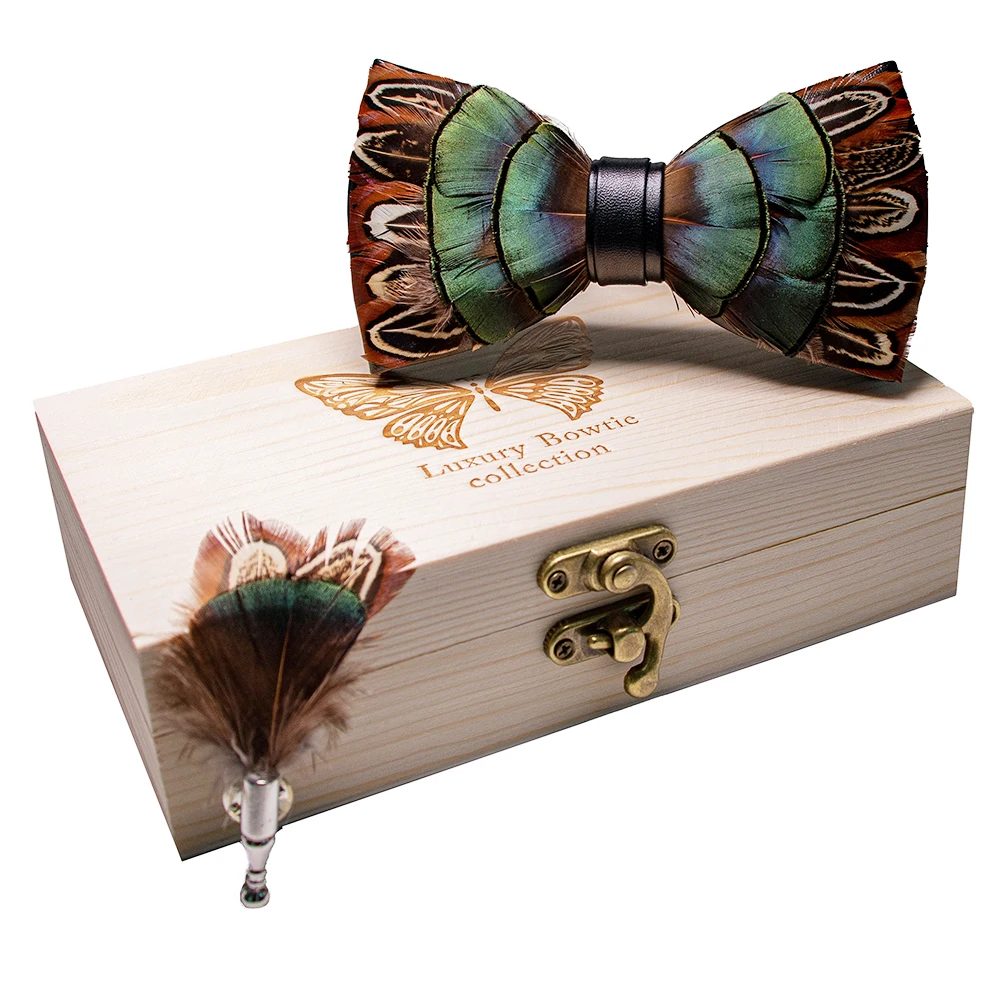 JEMYGINS Original New Design Bow Tie Natural Feather Exquisite Hand Made Men Luxury Bow Tie Wooden Gift Box Set Wedding Party