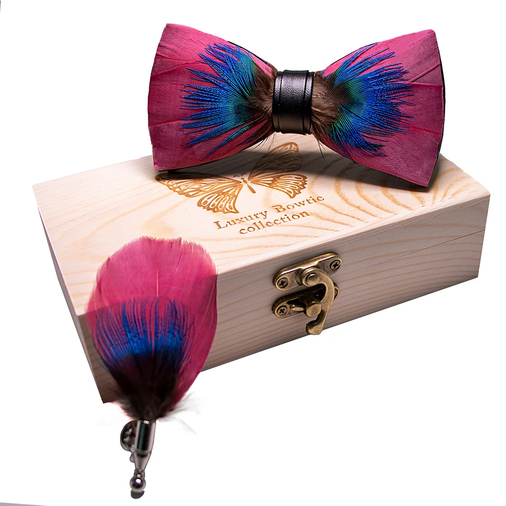 JEMYGINS Original New Design Bow Tie Natural Feather Exquisite Hand Made Men Luxury Bow Tie Wooden Gift Box Set Wedding Party