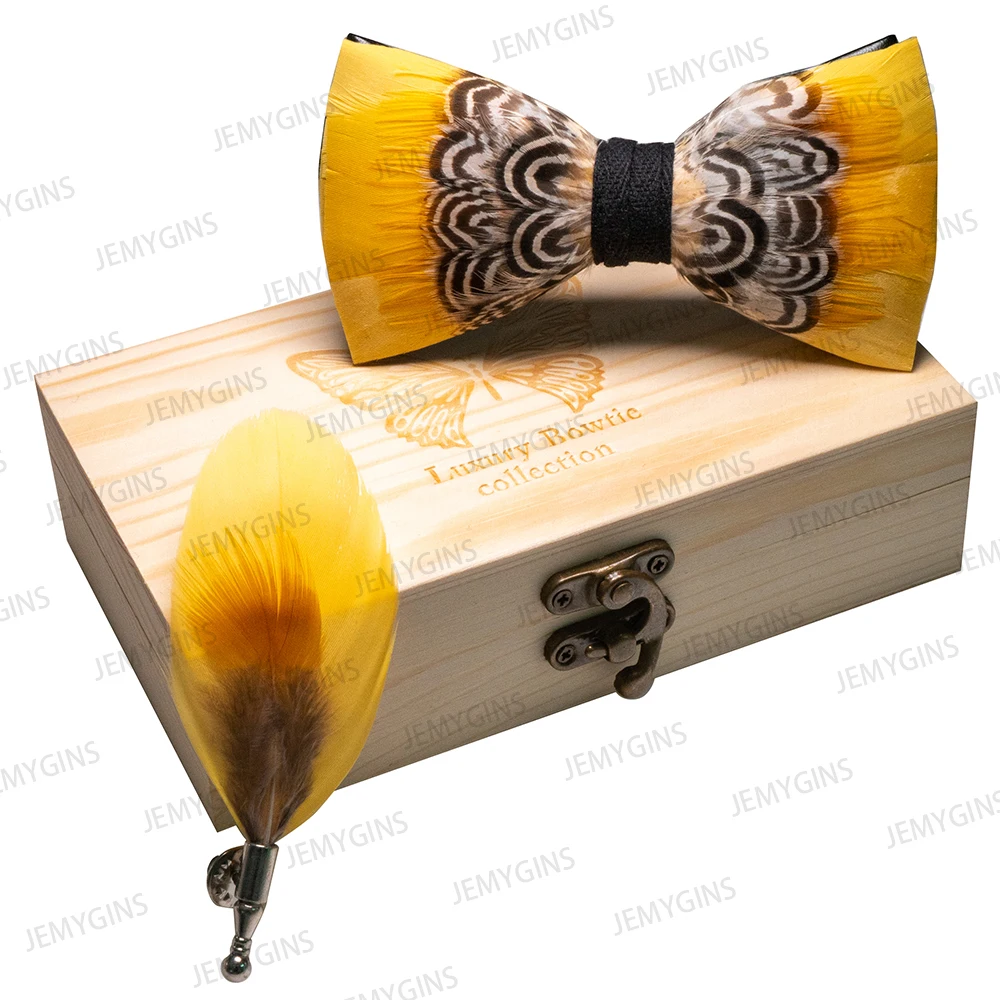 JEMYGINS Original New Design Bow Tie Natural Feather Exquisite Hand Made Men Luxury Bow Tie Wooden Gift Box Set Wedding Party