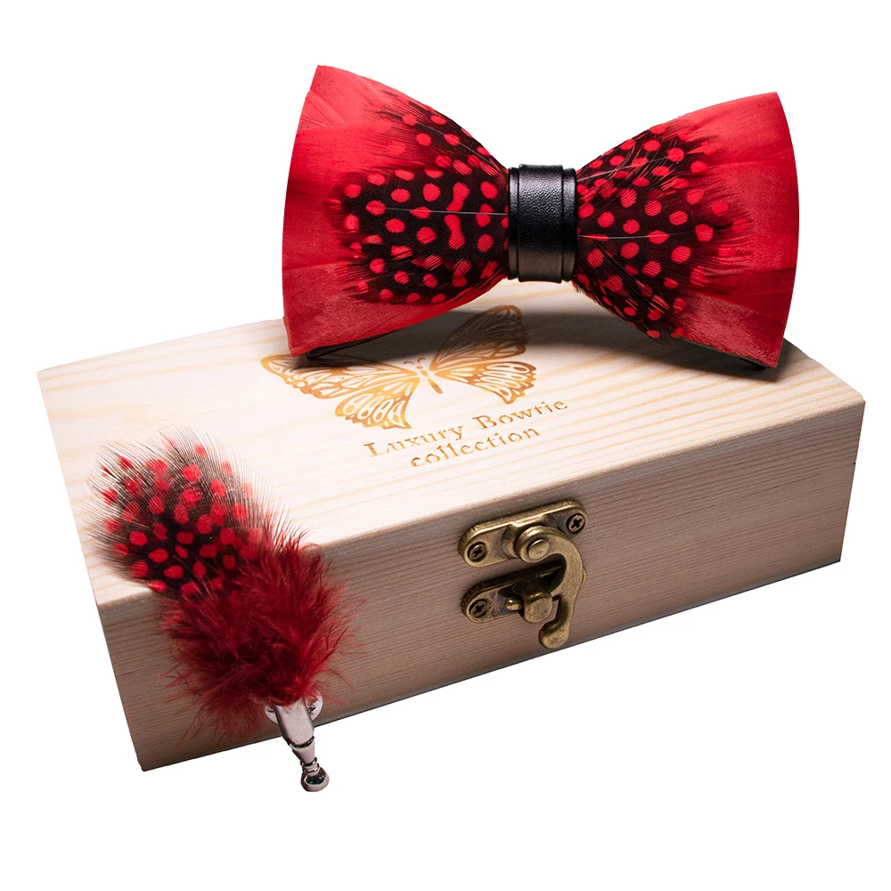 JEMYGINS Original New Design Bow Tie Natural Feather Exquisite Hand Made Men Luxury Bow Tie Wooden Gift Box Set Wedding Party