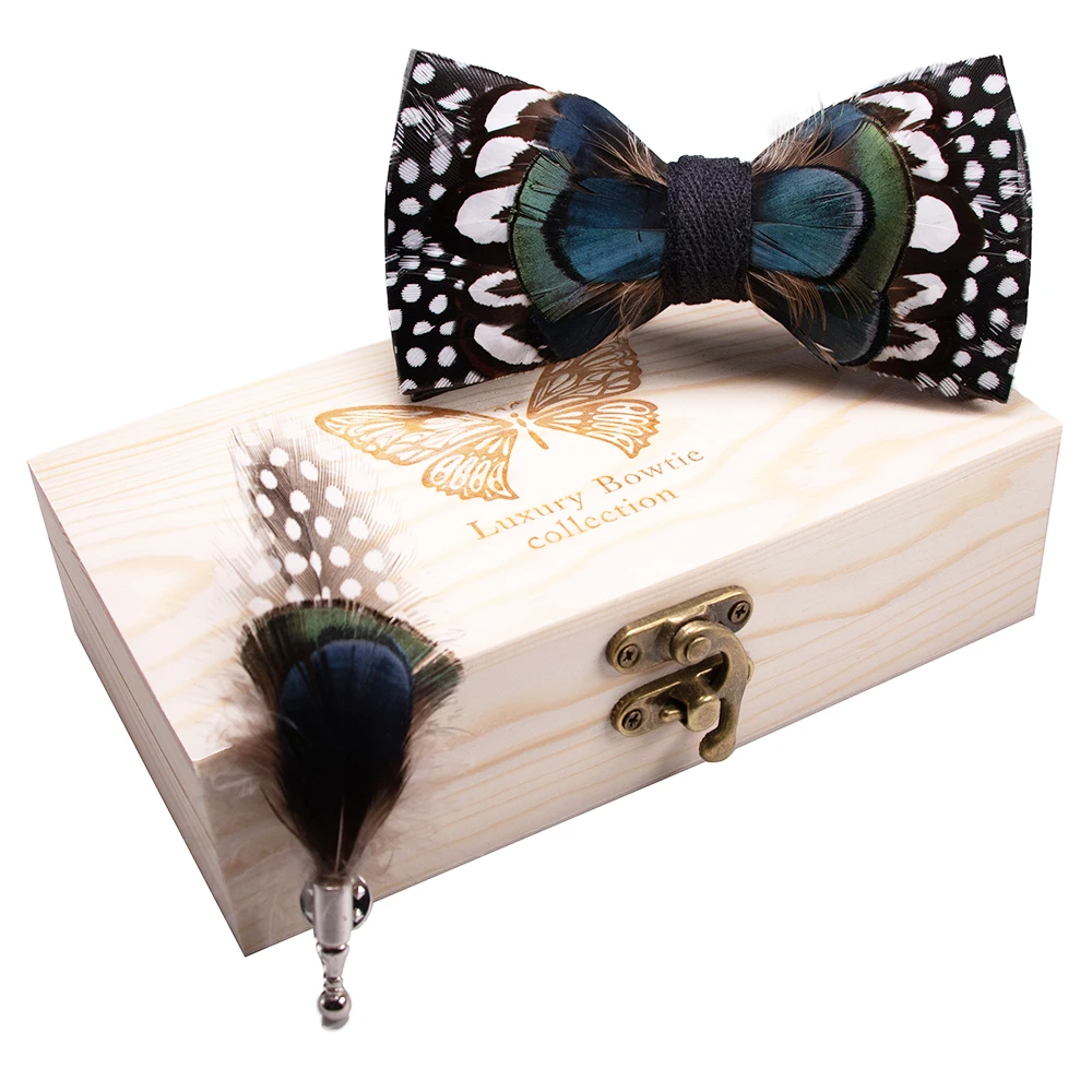 JEMYGINS Original New Design Bow Tie Natural Feather Exquisite Hand Made Men Luxury Bow Tie Wooden Gift Box Set Wedding Party