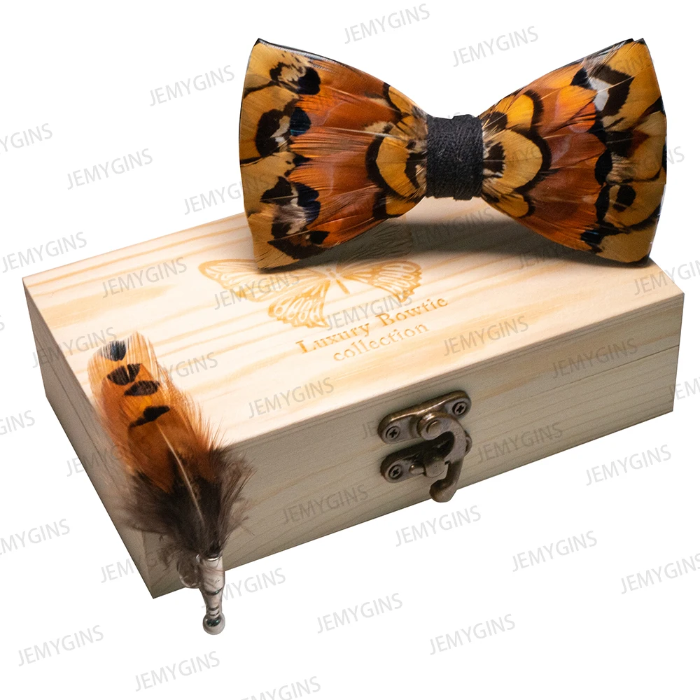 JEMYGINS Original New Design Bow Tie Natural Feather Exquisite Hand Made Men Luxury Bow Tie Wooden Gift Box Set Wedding Party