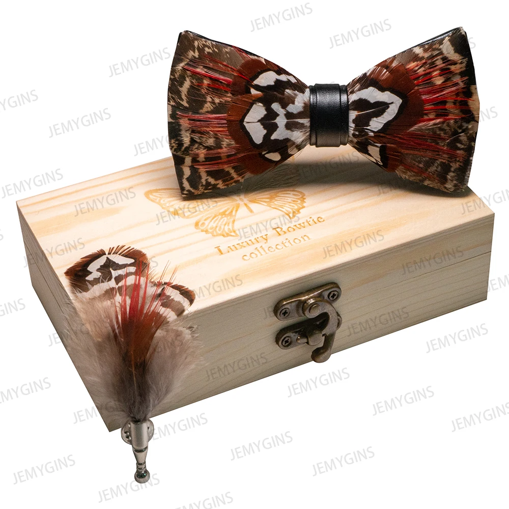JEMYGINS Original New Design Bow Tie Natural Feather Exquisite Hand Made Men Luxury Bow Tie Wooden Gift Box Set Wedding Party