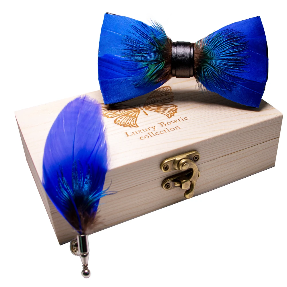 JEMYGINS Original New Design Bow Tie Natural Feather Exquisite Hand Made Men Luxury Bow Tie Wooden Gift Box Set Wedding Party