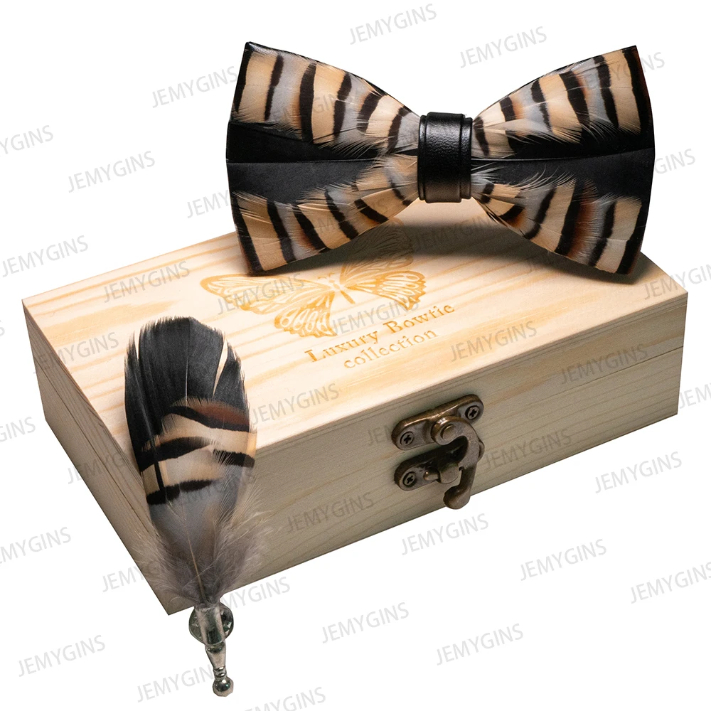 JEMYGINS Original New Design Bow Tie Natural Feather Exquisite Hand Made Men Luxury Bow Tie Wooden Gift Box Set Wedding Party