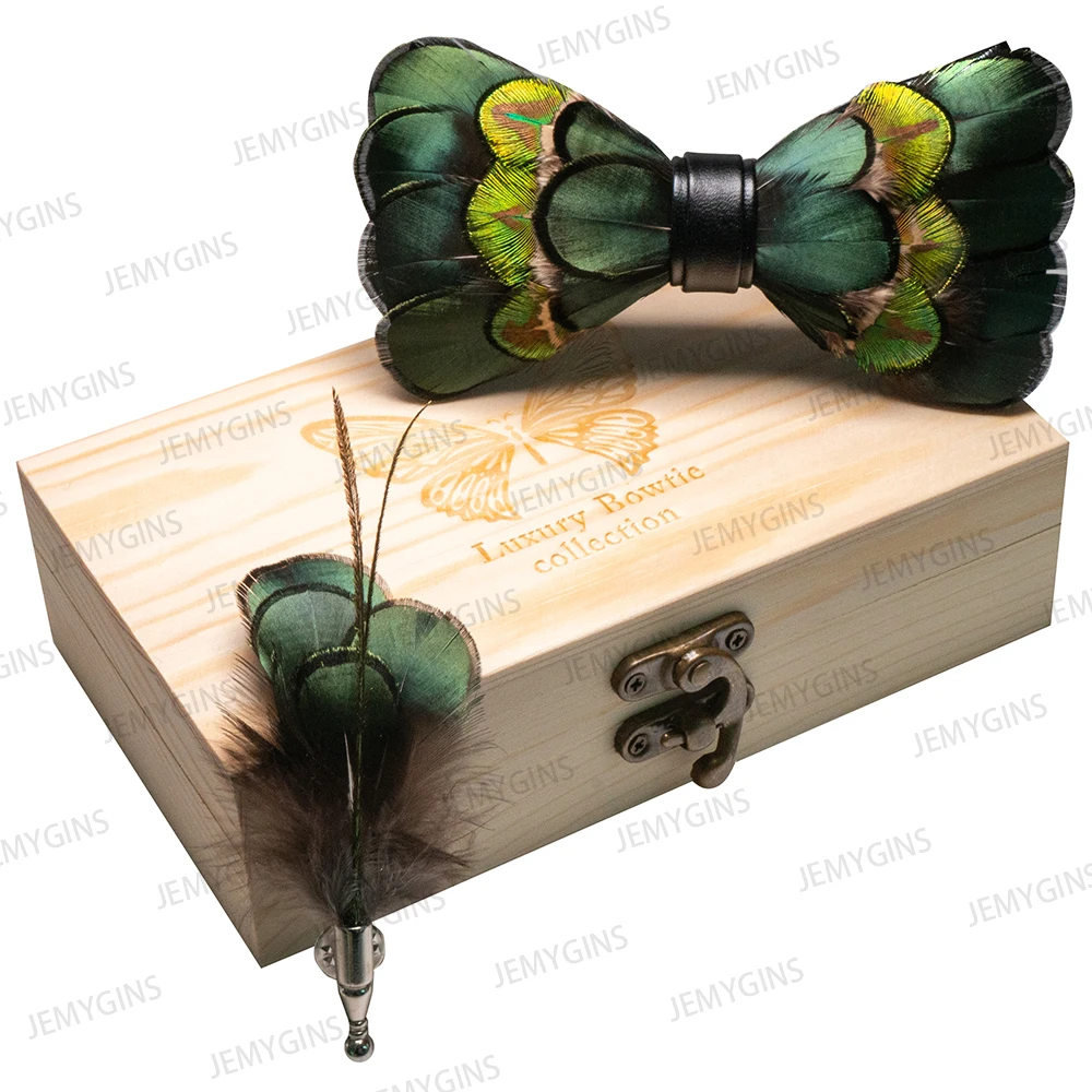 JEMYGINS Original New Design Bow Tie Natural Feather Exquisite Hand Made Men Luxury Bow Tie Wooden Gift Box Set Wedding Party